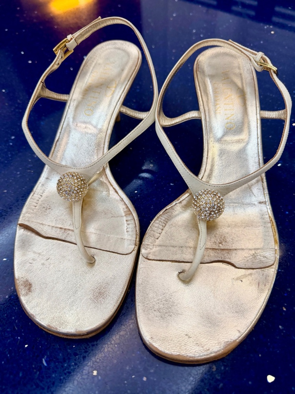 Valentino Vintage White T-Strap Sandals with Crystal Medallion